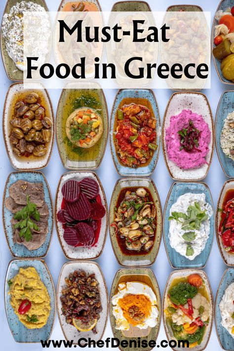 A Greek mezzo or appetizer table Greek Food In Greece, What To Eat In Greece, Greece Food Aethstetic, Greece Food Traditional, Crete Vacation, Food In Greece, Greek Breakfast, Greek Islands Vacation, Greek Foods