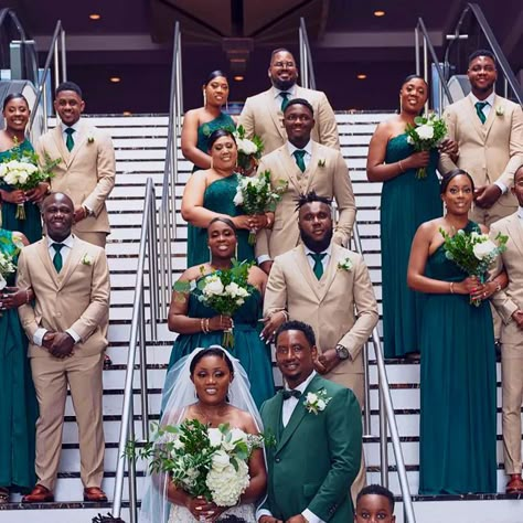 STANLION CLOTHING on Instagram: "WHEN IT COMES TO GROOM AND GROOMSMEN MATTERS LEAVE FOR US, WE ARE THE BEST IN THE GAME 🔥🔥🔥💪💪💪 . . . Through back to Morti & Celine, that tan and emerald green fits like Ying & Yang 🔥🔥🔥🔥💪" Gold Bridesmaid And Groomsmen, Emareld Green, Emerald Green Groomsmen, Green And Tan Wedding, Tan Groomsmen Suits, Tan Groomsmen, 2025 Bride, Gold Tuxedo, Green Wedding Suit