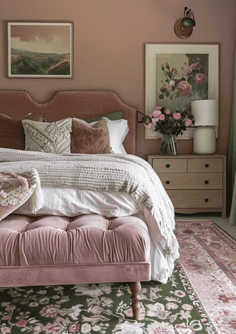 Pink And Green Boho Bedroom, Pink Pastel Bedroom, Jade Green Bedroom, Pink And Green Bedroom Ideas, Green And Pink Bedroom Ideas, Pink Green Bedroom, Green And Pink Bedroom, Green And Pink Design, Pink And Green Bedroom