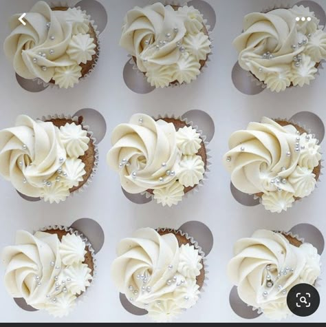 Cupcake Bday Cake, Small Wedding Cakes With Cupcakes Simple, Simple White Cupcakes, White Cupcake Decorations, Cupcakes White Frosting, Simple Bridal Shower Cupcakes, Cupcakes At A Wedding, White Icing Cupcake Design, Wedding Cupcakes Decoration Ideas