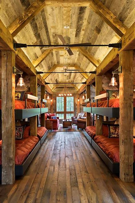 Cozy rustic bunkhouse getaway in Northern Wisconsin Bunkhouse Floor Plans, Rustic Bunkhouse, Cabin Bunkhouse, Bunk Houses, Hidden Rooms In Houses, Secret Rooms In Houses, Room Under Stairs, Covered Outdoor Kitchens, Metal Building Home