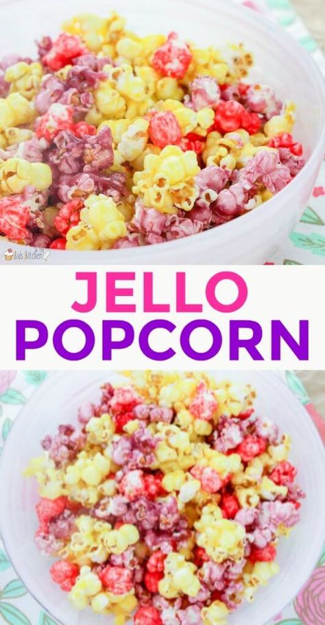 Sweet and colorful — candy coated Jello popcorn is the perfect Spring or Summer treat! Hello Popcorn, Candy Coated Popcorn Recipe, Jello Popcorn, Colorful Popcorn, Flavored Popcorn Recipes, Popcorn Recipes Easy, Popcorn Treats, Popcorn Balls, Popcorn Recipe