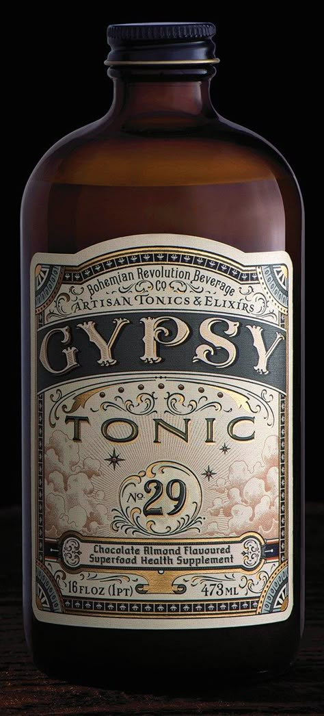 “Brandon Johnson, founder of the Bohemian Revolution Beverage Company, tasked Ginger Monkey Design with bringing its new health food drink, Gypsy Tonic, to life. The vision was to make the label feel at home with an 1800’s apothecary scene while keeping a modern edge. We initially created the design by hand; this helped draw out an authentic handmade quality within the design. The label was later digitally redrawn to make it easier to manage for print.” Rustic Label Design, Apothecary Label Design, Tincture Label Design, Apothecary Packaging Design, Apothecary Advertisement, Apothecary Graphic Design, Beverage Package Design, Apothecary Font, Apothecary Drawing