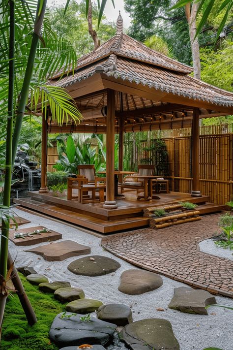 29 Backyard Gazebo Ideas For Inspiration 6 Japanese Pergola, Backyard Gazebo Ideas, Victorian Gazebo, Enclosed Gazebo, Gazebo With Fire Pit, Bali Garden, Gazebo Ideas, Backyard Sanctuary, Bamboo House Design