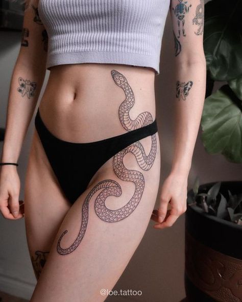 Big Snake Tattoo Leg, Snake Tattoo On Stomach For Women, Snake Around Thigh Tattoo, Snake Tattoo Leg Woman, Snake Tattoo Thigh Women, Snake Torso Tattoo, Snake On Thigh Tattoo, Thigh Snake Tattoo Women, Snake Tattoos Hip