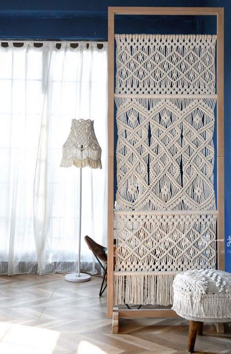 Macrame Room Divider Crochet Room Divider, Rope Partition Ideas, Macrame Partition, Diy Room Divider Easy, Diy Room Divider Ideas, Divider Room, Macrame Room, Macrame Room Divider, Dekorasi Bohemia