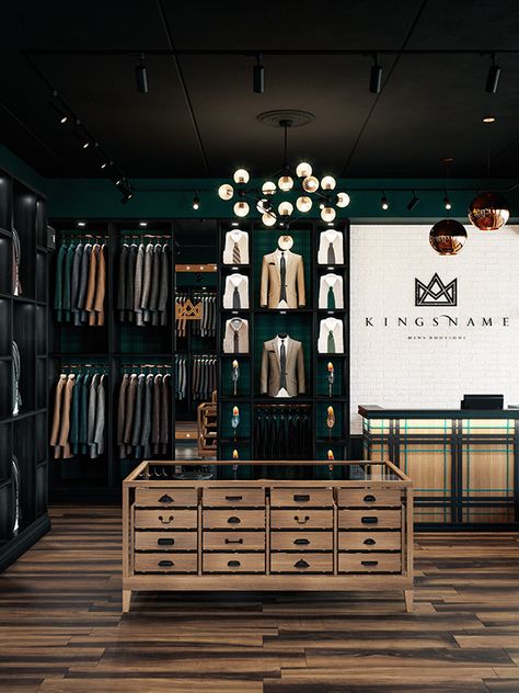 MEN'S BOUTIQUE "KINGSNAME" on Behance Tailoring Shop Interior Design, Sliding Door Office, Luxury Clothing Store, Luxury Retail Store, Men's Boutique, Retail Store Interior Design, Suit Stores, Clothing Store Interior, Colorful Wardrobe