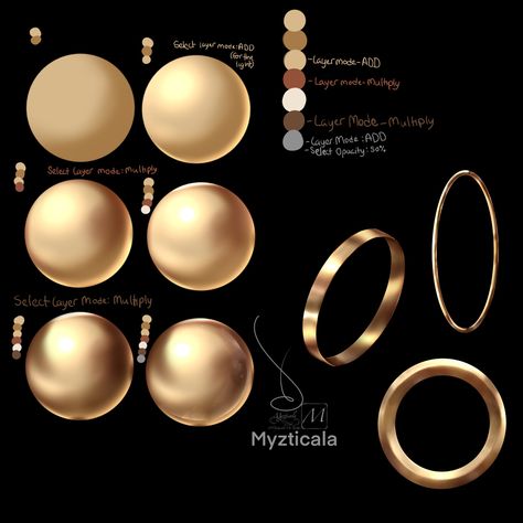 How To Render Gold Digital, How To Draw Gold Jewelry, How To Shade Gold Digitally, Gold Coloring Tutorial Digital, How To Color Gems Digital, Paint Gold Tutorial, How To Shade Gold Digital Art, Digital Art Jewelry, Coloring Gold Tutorial