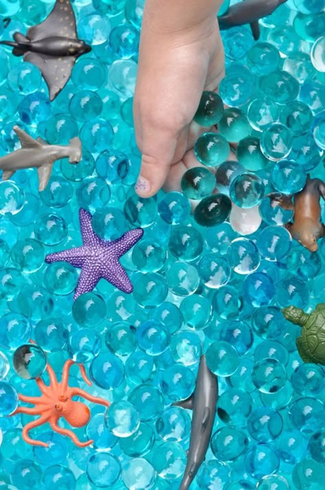 Ocean Sensory Bin, Ocean Sensory, Underwater Birthday, Underwater Party, Ocean Birthday Party, Beads Tutorial, Ocean Theme Party, Mermaid Theme Birthday Party, Ocean Birthday