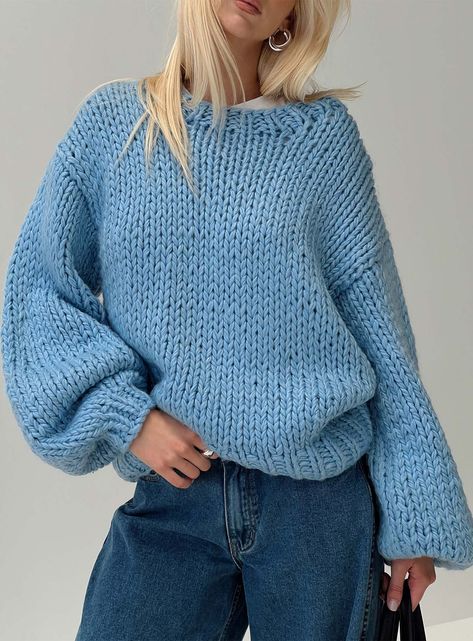 Sweater Cable knit material, round neckline, drop shoulders, baloon sleeves, oversized fitting Good stretch, unlined 100% acrylic Cold hand wash Blue Chunky Knit Sweater, Cute Chunky Sweaters, Chunky Sweater Aesthetic, Crochet Sweater Blue, Chunky Knitted Sweaters, Cute Fall Sweaters, Light Blue Knit Sweater, Chunky Sweater Outfit, Blue Sweater Outfit