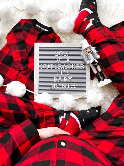 December baby. Funny Mom letter board. It’s Baby Month. It’s a Boy. Mommy & me matching pjs. Plaid Pjs. Son of a Nutcracker. Christmas Pictures With Newborn, Christmas Photo Shoot At Home, At Home Christmas Pictures, Home Christmas Pictures, Pictures With Newborn, Baby Hospital Pictures, Newborn Christmas Photos, Son Of A Nutcracker, Plaid Pjs