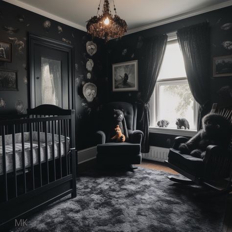 Generated by MorbidKitty - Midjourney V5 All Black Nursery, Victorian Goth Nursery, Goth Rocking Chair, Dark Modern Nursery, Black Themed Nursery, Black Rocking Chair Nursery, Gothic Cat Bed, Adams Family Nursery, Goth Nursery Ideas Victorian