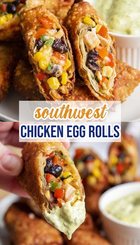 Southwest Chicken Rolls Egg Roll Wrapper, Southwest Egg Rolls, Telur Gulung, Crispy Egg, Chicken Egg Rolls, Chicken Corn, Southwest Chicken, Egg Roll Recipes, Egg Roll