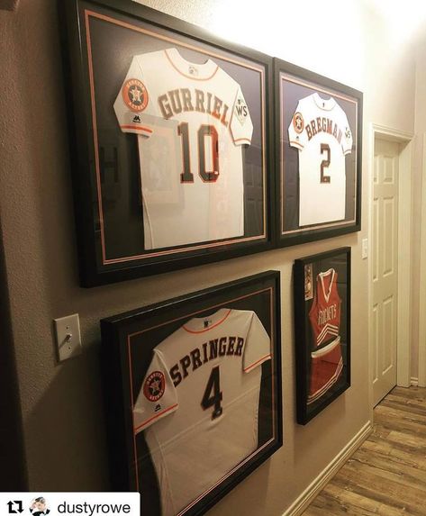 Framed Baseball Jersey, Sports Memorabilia Display Ideas, Sports Memorabilia Display, Memorabilia Display, Baseball Decor, Framed Jersey, Finished Basement, Wall Ideas, Finishing Basement