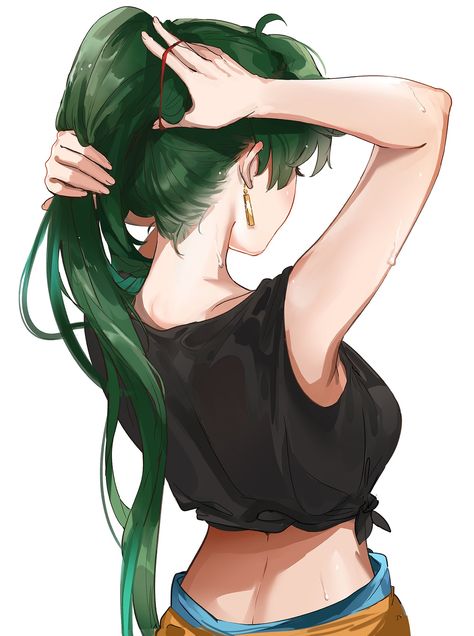 Ponytail Hair Reference, Green Hair Ponytail, Ponytail Drawing Reference, Ponytail Art, Green Ponytail, Anime Ponytail, Ponytail Drawing, Movement Drawing, Drawing Refrences