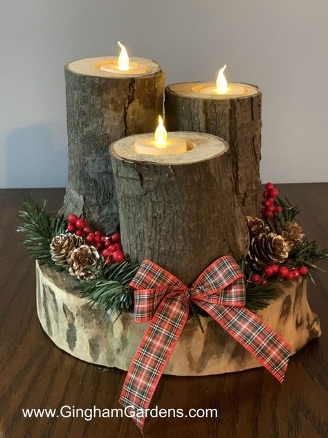 Rustic Christmas Centerpiece is a fun DIY Project Using Tree Branches and Logs with easy to follow instructions. Plus, 2 more projects using wood slices and logs. #diysnowmanusinglogs #diychristmasdecor Reindeer Logs Deer, Wood Christmas Gifts To Make, Christmas Trees Ideas Rustic, Christmas Crafts With Tree Branches, Crafts With Logs Wood Slices, Christmas Wood Centerpieces, Tree Slices Ideas Diy Projects Christmas, Tree Logs Ideas Diy Projects, Christmas Wooden Centerpieces