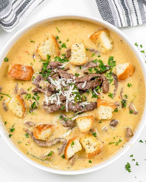 Steak Soup Crockpot, Soup With Steak, Philly Cheesesteak Soup Recipe, Philly Cheese Steak Soup, Philly Cheesesteak Soup, Steak Soup Recipes, Steak And Potato Soup, Cheesesteak Soup, Soup Sunday