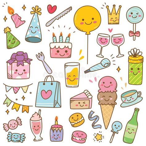 Kawaii style birthday doodle isolated on white background. Suitable for birthday design element, wallpaper etc vector illustration Birthday Doodles, Doodles Kawaii, Happy Birthday Doodles, Happy Birthday Drawings, Doodles Bonitos, Birthday Doodle, Cute Happy Birthday, Easy Doodle Art, Kawaii Style