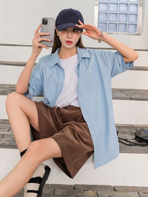 Light Blue T Shirt Outfit, Light Blue Shirt Women Outfit, Light Blue Button Up Shirt Outfit, Baby Blue Shirt Outfit, Light Blue Top Outfit, Polo Outfit Women's, Bloom Outfits, Light Blue Shirts Women, Light Blue Shirt Outfit