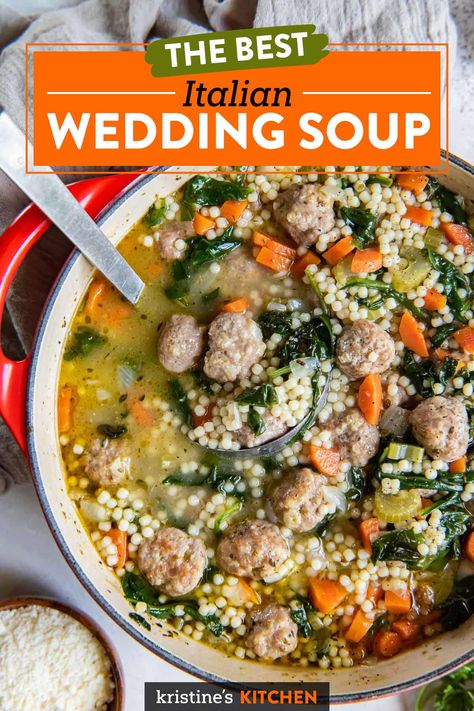 This Italian Wedding Soup has tiny meatballs, veggies and pasta in a flavorful broth. It's a hearty, comforting meal that the whole family will love. Skinnytaste Italian Wedding Soup, Quick Italian Wedding Soup, Ina Garden Italian Wedding Soup, Dairy Free Italian Wedding Soup, Ww Wedding Soup, Soup Recipes Italian Wedding, Ww Italian Wedding Soup, Spicy Italian Wedding Soup, Traditional Italian Wedding Soup