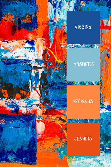 Color Palette With Blue And Orange, Blue Orange Pallete, Colour Palette Blue Orange, Orange And Blue Color Palettes, Blue Complementary Color Palette, Abstract Color Palette, Blue And Orange Colour Palette, Orange Complimentary Colors, Blue Tones Palette