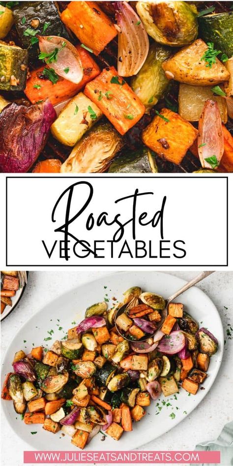 Dive into our scrumptious Easy Oven Roasted Vegetables! Bursting with flavor from onions, sweet potatoes, red onion, zucchini, and carrots, all beautifully roasted in a tangy balsamic drizzle. Perfect as a side or for meal prep - make them in bulk and enjoy all week long! Balsamic Sweet Potatoes, Best Roasted Vegetables, Oven Roasted Zucchini, Sweet Potato Oven, Sprouting Sweet Potatoes, Oven Roasted Carrots, Roasted Veggies In Oven, Easy Roasted Vegetables, Balsamic Drizzle