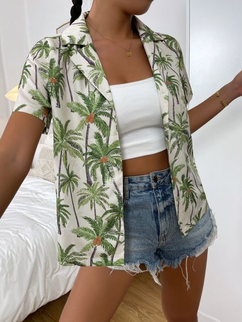 Hawaiian Shirt Outfit Women Aesthetic, Casual Tropical Outfits For Women, Tropical Outfit Women, Hawian Theme Outfits, Cute Tropical Outfits, Hawian Shirt Outfits, Summer Tropical Outfits, Hawian Themed Outfits, Tropical Shirt Outfit