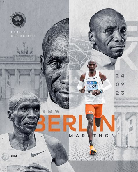 Graphic to announce Kipchoge's intention to compete in the Berlin Marathon Marathon Posters, Track And Field Sports, Berlin Marathon, Running Posters, World Athletics, Photoshop Tutorial Design, Sports Graphics, Athletic Men, Creative Ads