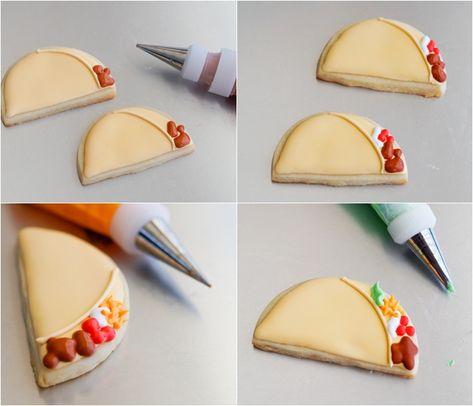 how to make and decorate taco cookies Taco Cookies, Cookie Decorating Tutorial, Mexican Cookies, Cookie Cake Designs, Theme Cookies, Yummy Sugar Cookies, Decorated Sugar Cookies, Cookie Time, South Of The Border