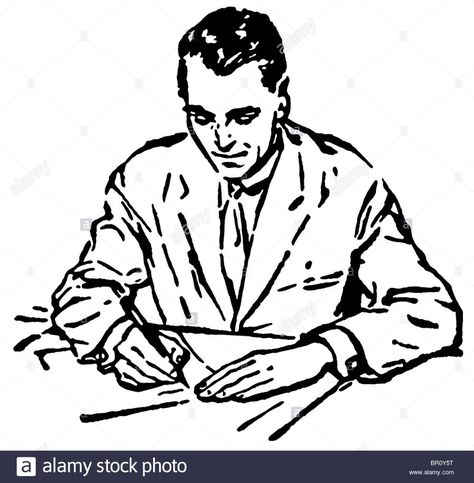 man writing at a desk Stock ... Hands On Desk Pose, Person Writing Drawing, Person Writing Drawing Reference, Hindi Short Stories, Illustrator Character Design, Writing Villains, Desk Drawing, Man Writing, Black And White Png