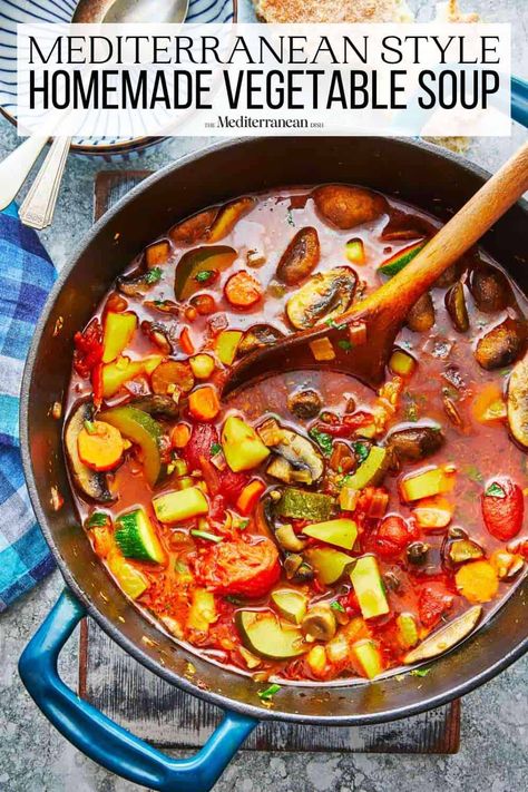 Tasty Vegetable Soup, How To Make Vegetable Soup, Tomato Based Vegetable Soup, Vegetables Soup Recipes, Healthy Vegetable Soup Recipes, Mediterranean Soups, Mediterranean Soup Recipes, Tomato Vegetable Soup, Spicy Vegetable Soup