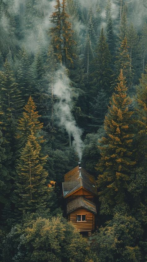 Serene wooden cabin surrounded by pine trees, cozy glow from windows, chimney smoke blending with forest mist. Cozy Cabin Aesthetic, Little Cabin In The Woods, Cabin Aesthetic, Cabin Retreat, Wooden Cabin, Forest Cabin, Man Cave Wall Art, Wooden Cabins, Little Cabin