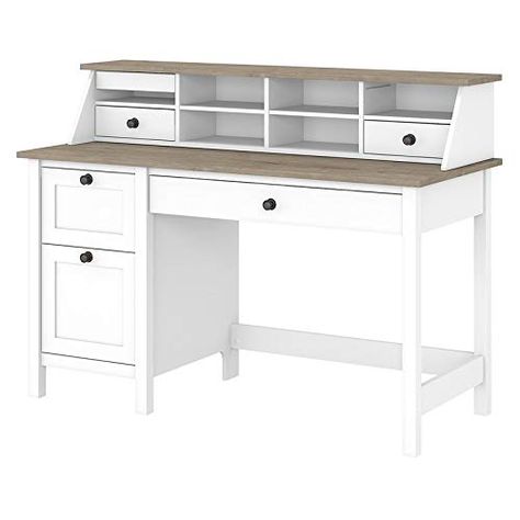 PRICES MAY VARY. Stay on top of your daily tasks with a workspace that fits into your casual home. Highlighted by its modern, relaxed farmhouse style, the UrbanPro 54W Computer Desk with Drawers and Desk Organizer also includes many practical features to keep you productive. It extends onto a durable 54"W x 23"D surface that supports a computer, books, and more with a 200-pound weight capacity. A letter-size file drawer and a small cash drawer ensure the papers and supplies you need are always w Modern Farmhouse Desk, White Desk With Drawers, Organization Desk, Computer Desk With Drawers, Organizer Desk, Desk Drawers, File Drawer, White Desk, Desk Organization Office