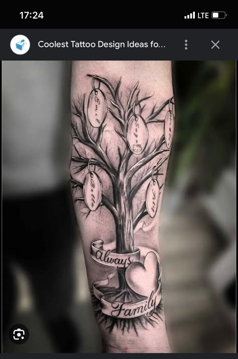 Tattoos Representing Family, Family Sleeve Tattoo, Grandfather Tattoo, Family Name Tattoos, Family Tattoos For Men, Tree Tattoo Men, Family Tree Tattoo, Family Tattoo Designs, Tree Tattoos