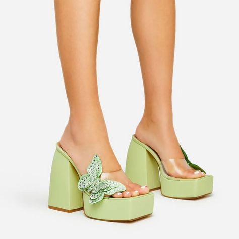 Super Cute And Unique!! Camillo Diamante Butterfly Detail Clear Perspex Strap Square Peep Toe Platform Block Heel Mule In Green Faux Leather Size 7us Sold Out Online! Brand New! Bridal Sandals Heels, Clear Chunky Heels, Green Platform, Ego Shoes, Butterfly Shoes, Block Heel Mule, Clear Shoes, Platform Mules, Funky Shoes