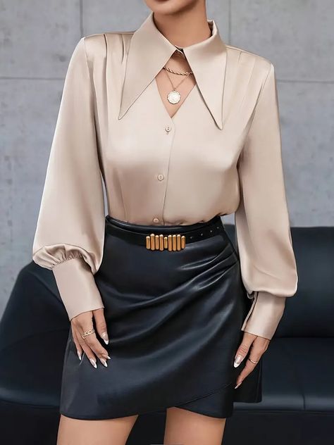 Elegant Satin Solid Color Long Sleeve Shirt Large Lapel - Temu Long Collar Shirt For Women, Fabric Tops For Women, Collar Shirt Outfits, Collar Tops For Women, Collar Shirts For Women, Long Collar Shirt, Shirt Collar Blouse, Shirt Collars, Costum Elegant