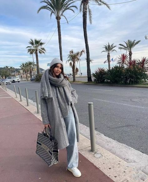 Light Grey Coat Outfit Women, Light Grey Scarf Outfit, Long Grey Jacket Outfit, Grey Scarf Outfit Winter, Light Gray Coat Outfit, Gray Hat Outfit, Dior Scarf Outfit, Gray Trench Coat Outfit, Large Scarf Outfit