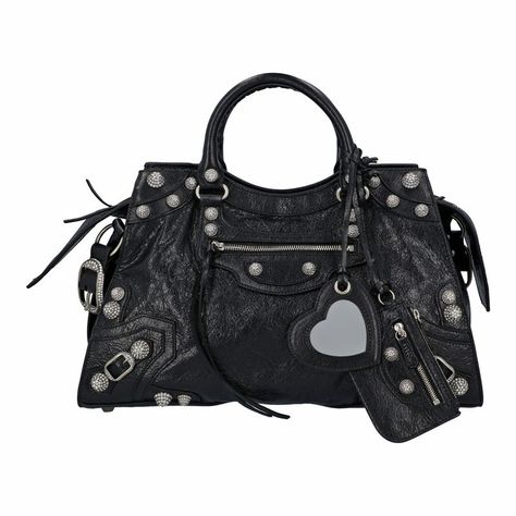 Neo Cagole City Handbag In Black Arena Lambskin, Aged-Silver Hardware With Rhinestones Arena Lambskin, Trapezoidal Shape, Two Leather Hand-Braided Handles, Adjustable And Removable Strap, Aged-Silver Hardware With Rhinestones, Zipped Closure With Knotted Leather Puller, Front Zipped Pocket With Knotted Leather Puller, 1 Inner Zipped Pocket, 1 Removable Zipped Pouch, 1 Removable Heart Mirror, Tone-On-Tone Balenciaga Logo Embossed On Mirror, Cotton Canvas Lining Balenciaga Balenciaga Women Neo Cag Balenciaga Model, Balenciaga Handbags, Heart Mirror, Motorcycle Bag, Balenciaga Women, Balenciaga Logo, Balenciaga Bag, Balenciaga City Bag, Lambskin Leather