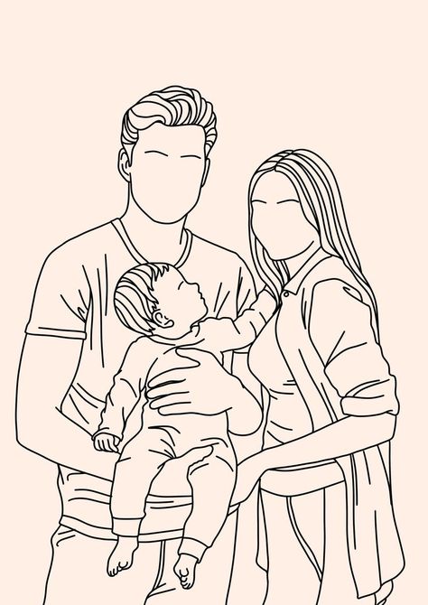 Photo Drawing Ideas, Family Of 3 Drawing, Line Art From Photo, Drawing Of A Family, Drawing Family Portrait, Line Drawing Family, Family Drawing Illustration, Family Picture Drawing, Line Art Family