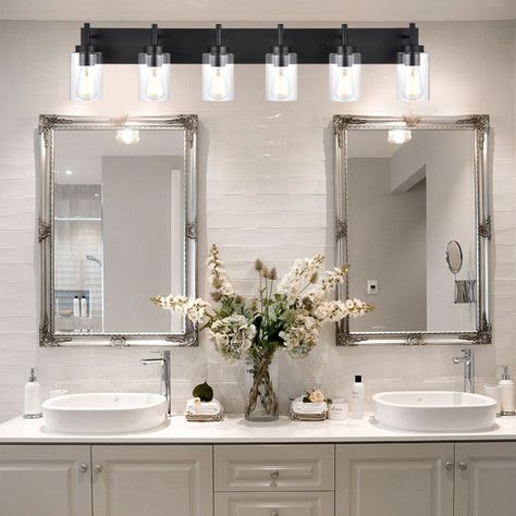 Restroom Vanity Lights, Single Light Over Double Vanity, Bathroom Vanity 2 Mirrors 1 Light, Double Vanity One Light, Double Vanity Single Light, Black Bathroom Vanity Lights, Restroom Light Fixtures, Over Vanity Bathroom Lighting, Master Bathrooms Decorations Ideas