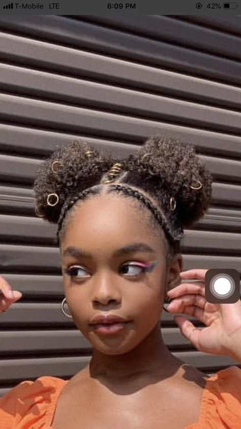 Natural Hair Braided Into Two Puffs, Afro Puff Hairstyles Black Women Updo, Afro Pigtails Natural Hair, Afro Puff Pigtails, Small Puffs Natural Hair, 2 Puffs With Bangs, Three Puffs Natural Hair, Puff With Braids Natural Hair, Different Puff Hairstyles