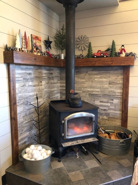 Wood Stove Decor, Wood Burning Stove Corner, Corner Wood Stove, Wood Stove Surround, Wood Stove Wall, Stove Hearth, Corner Stove, Stove Decor, Wood Stove Hearth