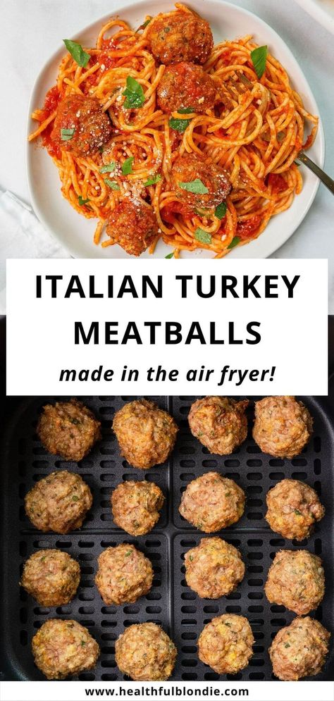 Super juicy and flavorful air fryer Italian turkey meatballs take under 15 minutes to make and are the perfect healthy dinner! Serve with your favorite pasta and red sauce for a comforting home-cooked meal. Meatball Recipes Italian, Turkey Italian Sausage Recipes, Gluten Free Healthy Dinner, Turkey Meatball Recipes, Turkey Sausage Meatballs, Italian Turkey Meatballs, Turkey Meatballs Recipe, Turkey Meatballs Healthy, Ground Turkey Meatballs