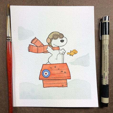 Snoopy Watercolor, Airplane Watercolor, Doodle Illustrations, The Red Baron, Holiday Songs, Sketch Daily, Doodle Ideas, Christmas Craft Projects, Red Baron