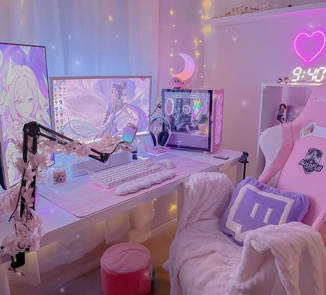 Lavender Desk Setup, Girly Gaming Room, Streamer Room, Cute Gaming Setup, Pink Gaming Setup, Games Room Inspiration, Dream Setup, Game Setup, Setup Gamer