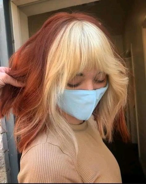 Red Hair With Blonde Underlayer, Red And Blonde Hair With Bangs, Short Blonde And Red Hair, Orange Hair Blonde Bangs, Copper Blonde Split Dye, Short Ginger Hair With Blonde Streak, Ginger Hair With Blonde Bangs, Orange Hair With Blonde Streak, Half Copper Half Blonde Hair