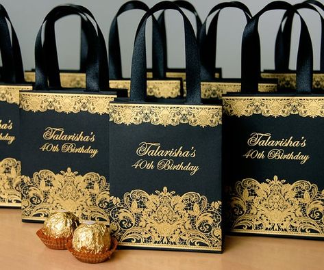 Black Gold Birthday Party, Birthday Party Gift Bags, Black Gold Birthday, Gold Wedding Favors, Black Gold Wedding, Personalized Bags, Gold Birthday Party, Birthday Gift Bags, 70th Birthday Parties