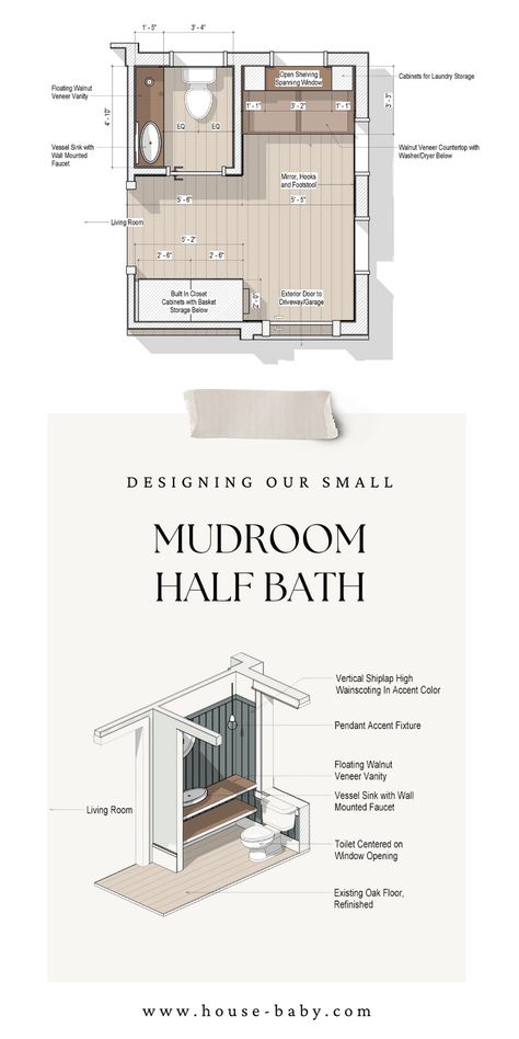 Transformation of our sunroom into a mudroom with a half bath and laundry area. Check out our small mudroom with laundry nook. Create your own DIY laundry room using Ikea Sektion built-in closets and cabinets. We added shelves in front of the window for extra storage. Explore our DIY walnut veneer floating shelves and a stylish walnut veneer laundry countertop. Half Bath Mudroom Combo, Bathroom Ideas With Laundry, Mudroom Bathroom Combo Layout, Floating Vanity Diy, Bath Renovation Ideas, Mudroom With Laundry, Half Bath Laundry Room Combo, Coastal Mudroom, Laundry Half Bath