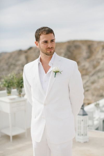 Groom Photos and Ideas - Style Me Pretty Weddings - Picture - 1927631 White Man Suit Wedding, All White Wedding Groom And Bride, Groom All White Tuxedo, Wedding Suit White Men, Wedding Groom Suit White, All White Wedding Suit Groom, Groom In All White, All White Bride And Groom Outfit, White Suit Wedding Mens