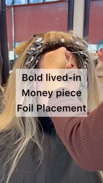 Foil Placement For Money Piece, Golden Blonde Hair With Money Piece, At Home Money Piece Hair, Money Piece Foil Placement, Money Piece And Highlights, Side Part Money Piece Hair, Diy Money Piece Hair, Money Piece Placement, Moneypiece Hair Blonde